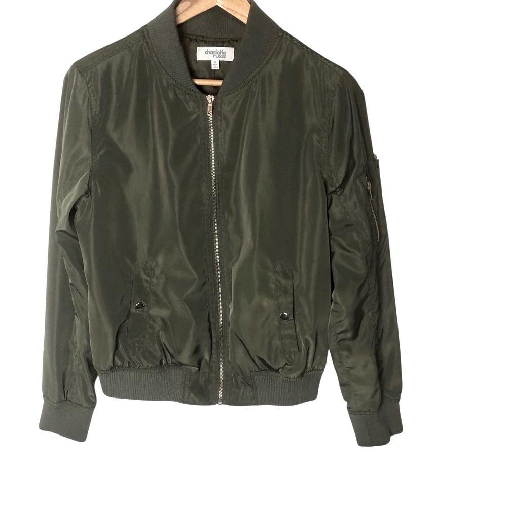 Vtg Y2K Charlotte Russe Satin Bomber Jacket Sz M Olive Green Street Grunge Rock - Picture 4 of 9